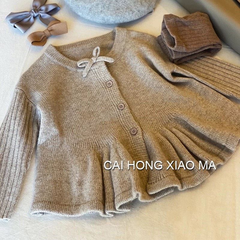 (ORDER - sẵn 80) Áo khoác len cardigan dệt kim phối bèo đuôi cá xòe điệu đà màu xám cho bé gái
