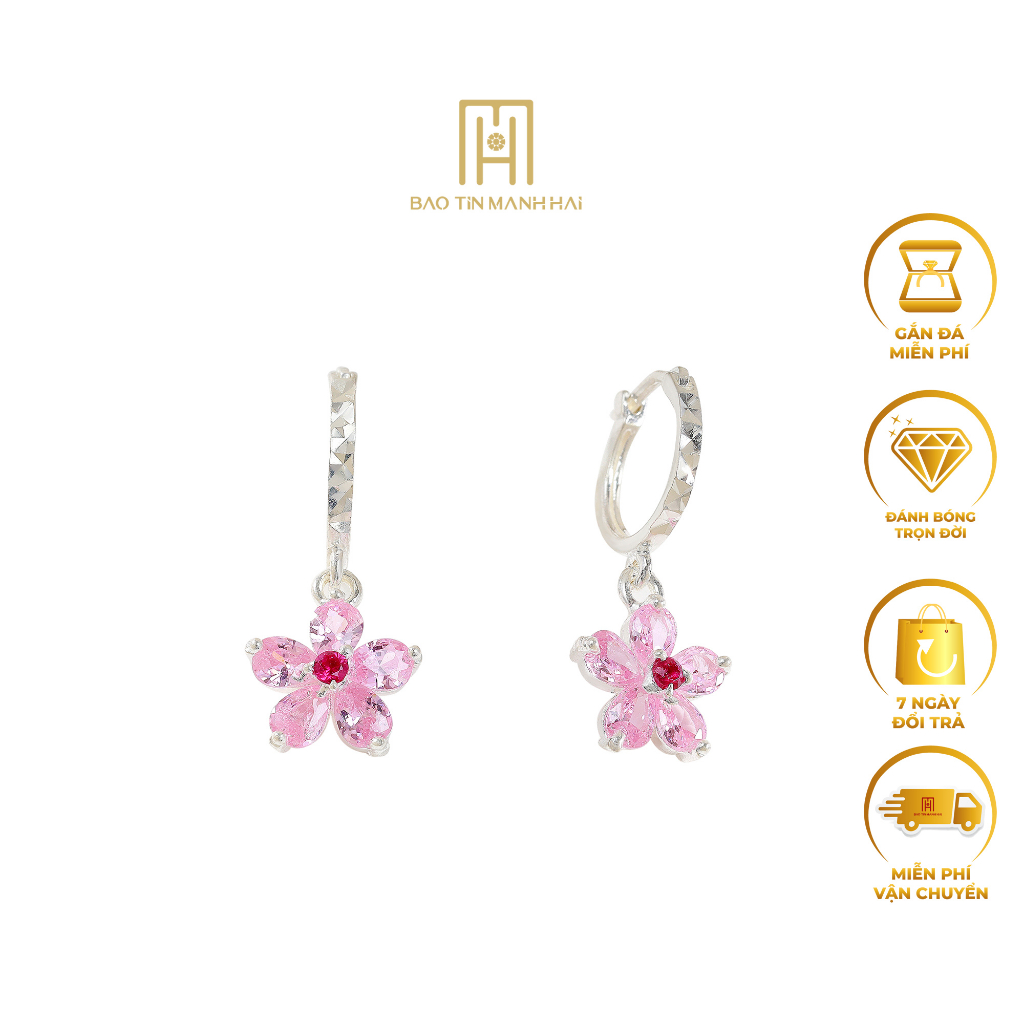 Bông tai bạc 925 cho bé hình bông hoa đính đá hồng dễ thương BTB50 Bảo Tín Mạnh Hải