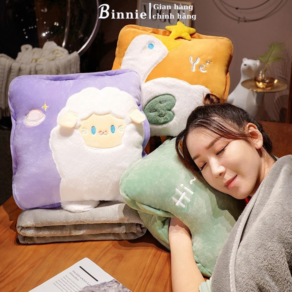 Bộ chăn gối văn phòng luồn tay 3 trong 1 BINNIECUTE hình thú dễ thương tiện ích - kích thước 100x170CM