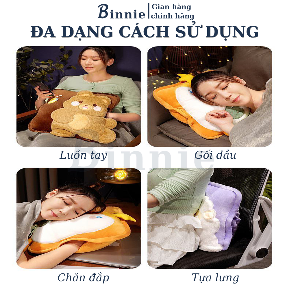 Bộ chăn gối văn phòng luồn tay 3 trong 1 BINNIECUTE hình thú dễ thương tiện ích - kích thước 100x170CM