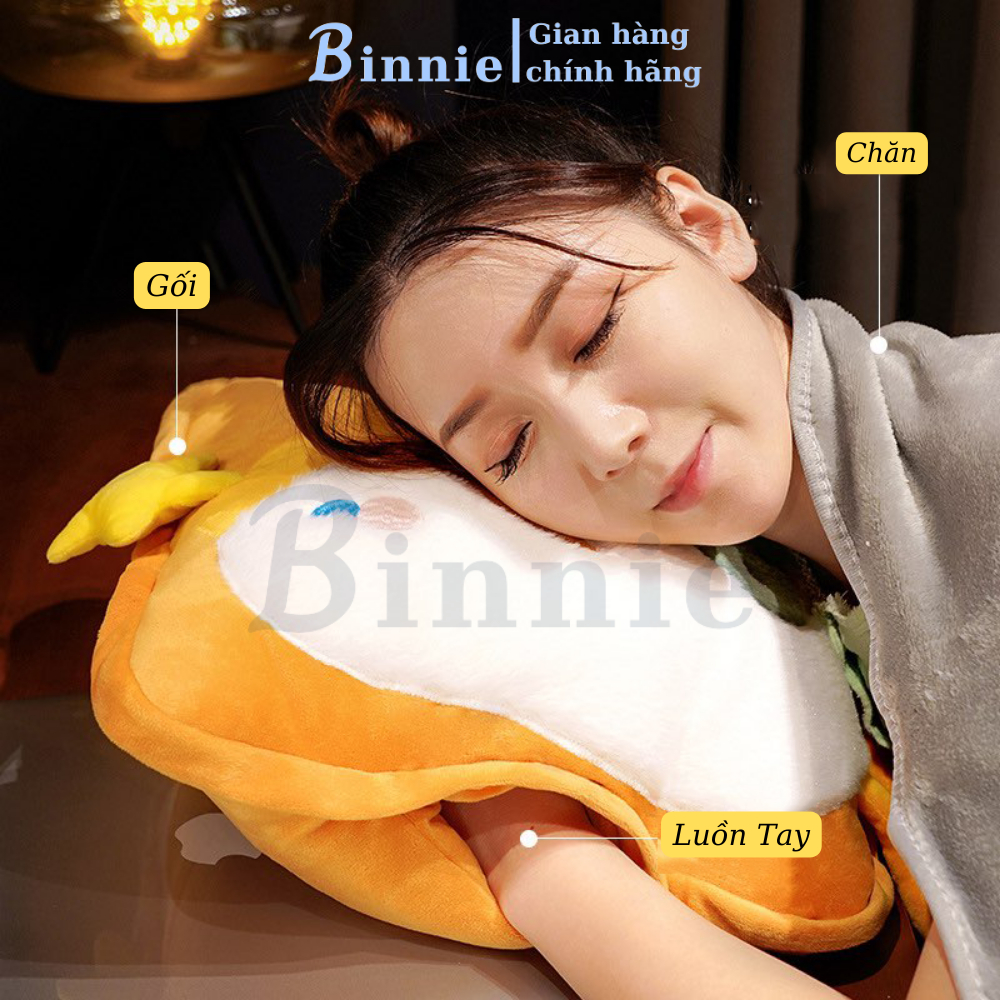 Bộ chăn gối văn phòng luồn tay 3 trong 1 BINNIECUTE hình thú dễ thương tiện ích - kích thước 100x170CM