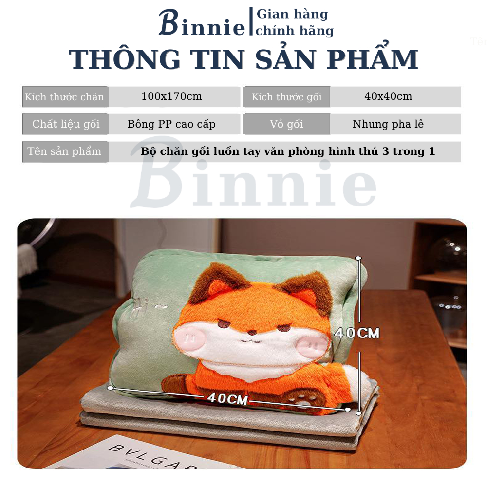 Bộ chăn gối văn phòng luồn tay 3 trong 1 BINNIECUTE hình thú dễ thương tiện ích - kích thước 100x170CM