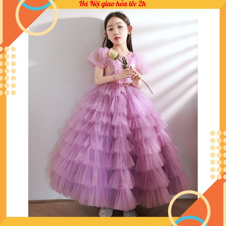 Đầm công chúa bé gái thiết kế cao cấp cho bé đi dụ tiệc phù dâu tùng dài nhiều tầng màu tím DBG124