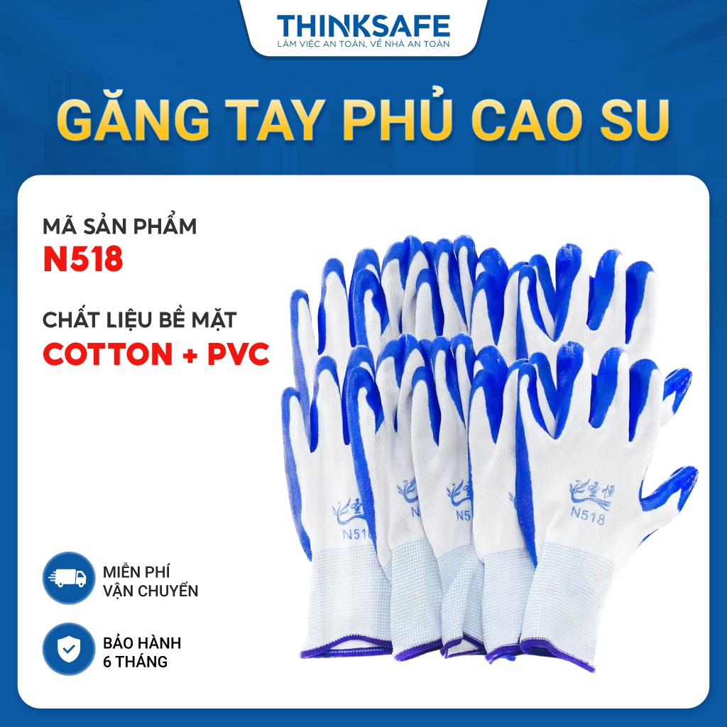 Combo 12 đôi găng tay bảo hộ phủ sơn màu xanh N518 chống dầu, Găng tay vải phủ sơn bám dính tốt, chống cắt - THINKSAFE