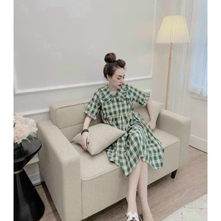 ĐẦM CARO XANH VÀNG DÁNG DOLL SIÊU XINH BG