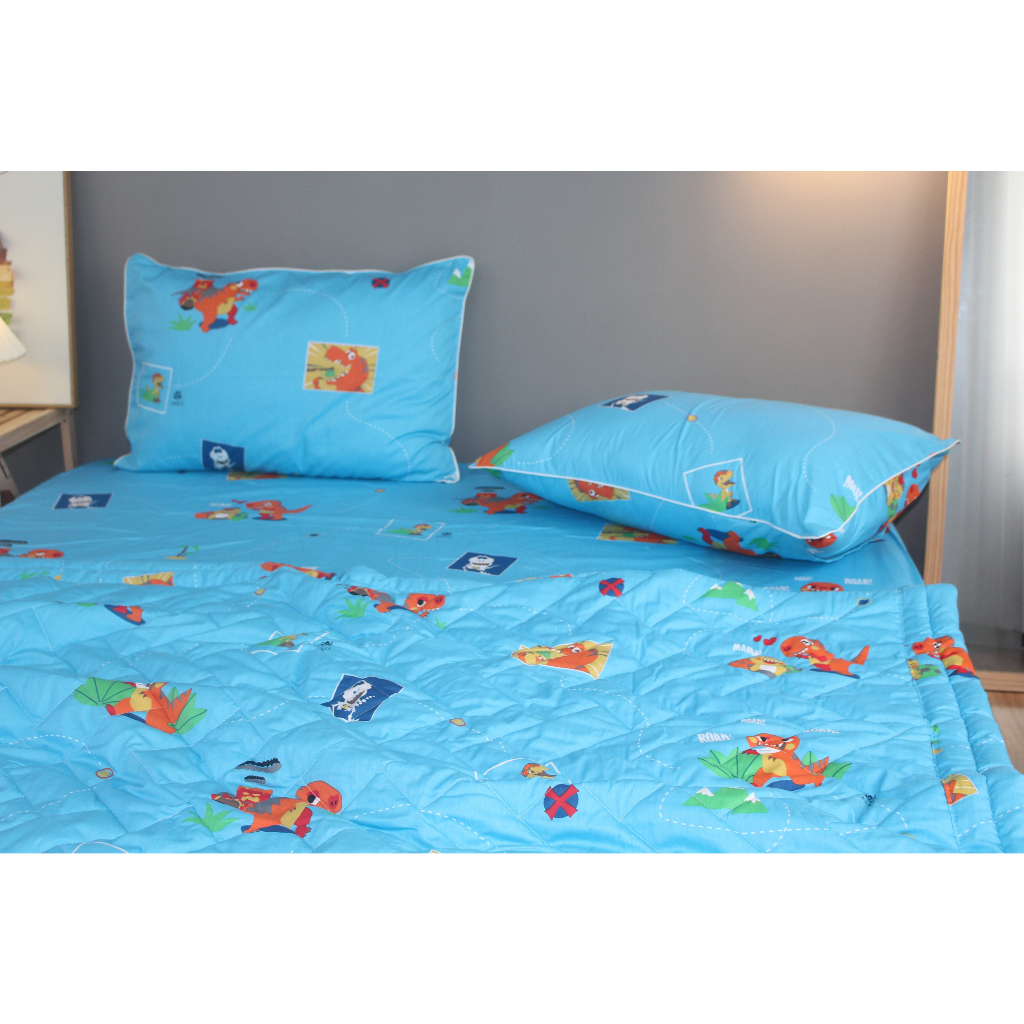 Bộ drap gối KHA LY - cotton thiên nhiên - Khủng Long Xanh Nhạt - VN340