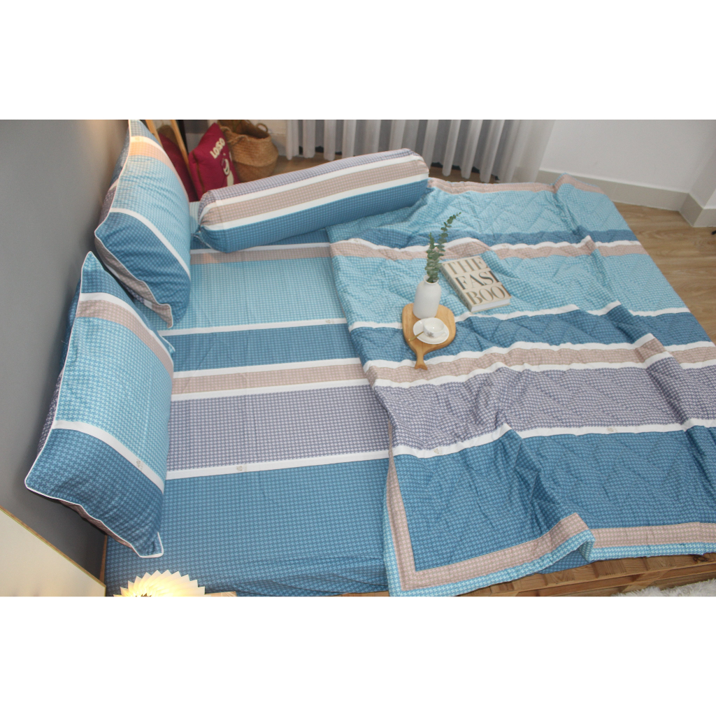 Bộ drap gối KHA LY - cotton thiên nhiên - Sọc Nhí-Xanh - VN341