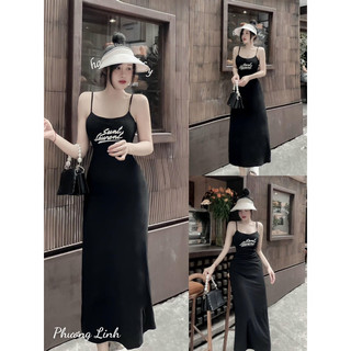 ĐẦM DÂY DÁNG SUÔNG IN CHỮ ĐEN BG