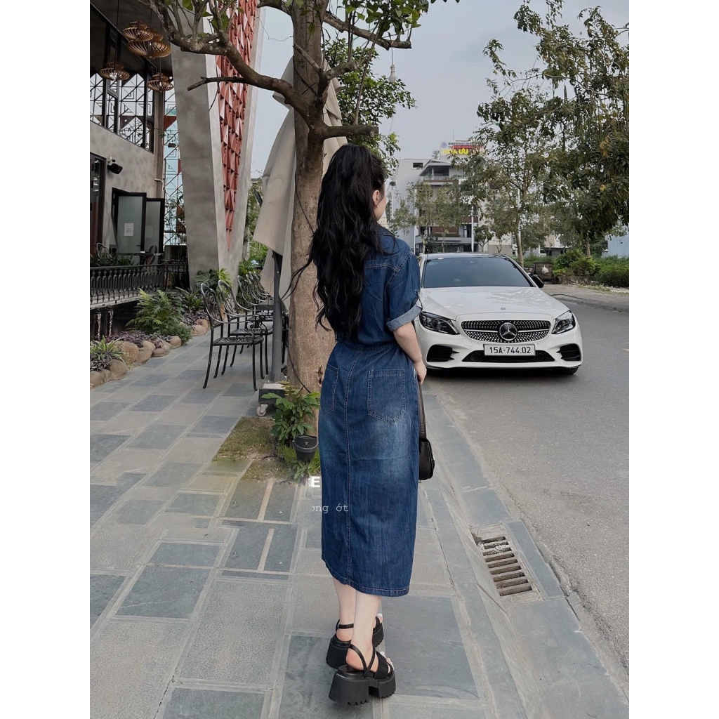 Đầm Váy bò Jean dáng dài rút dây hàng - Đầm jean cổ sơ mi kèm day thời trang nữ Quocanh