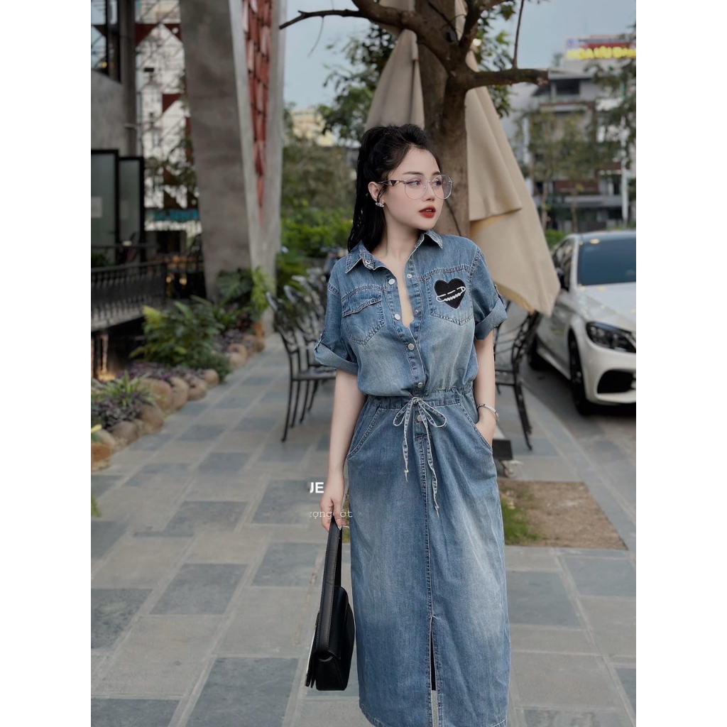 Đầm Váy bò Jean dáng dài rút dây hàng - Đầm jean cổ sơ mi kèm day thời trang nữ Quocanh