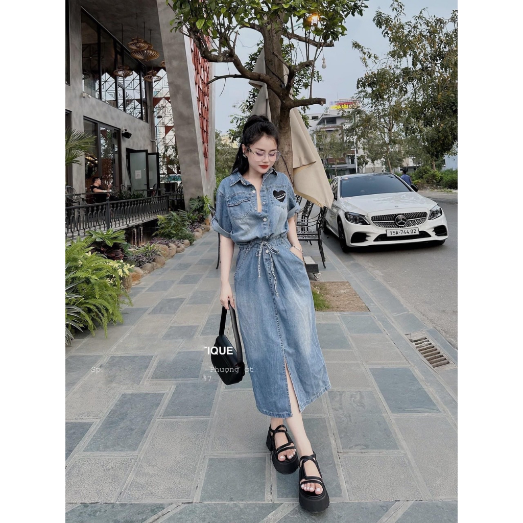 Đầm Váy bò Jean dáng dài rút dây hàng - Đầm jean cổ sơ mi kèm day thời trang nữ Quocanh