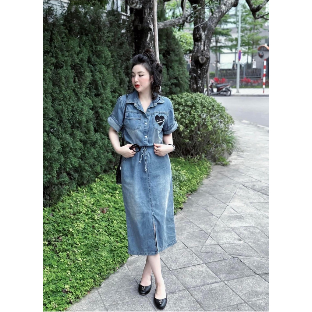 Đầm Váy bò Jean dáng dài rút dây hàng - Đầm jean cổ sơ mi kèm day thời trang nữ Quocanh