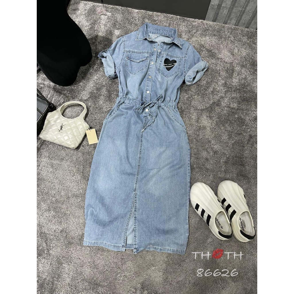 Đầm Váy bò Jean dáng dài rút dây hàng - Đầm jean cổ sơ mi kèm day thời trang nữ Quocanh