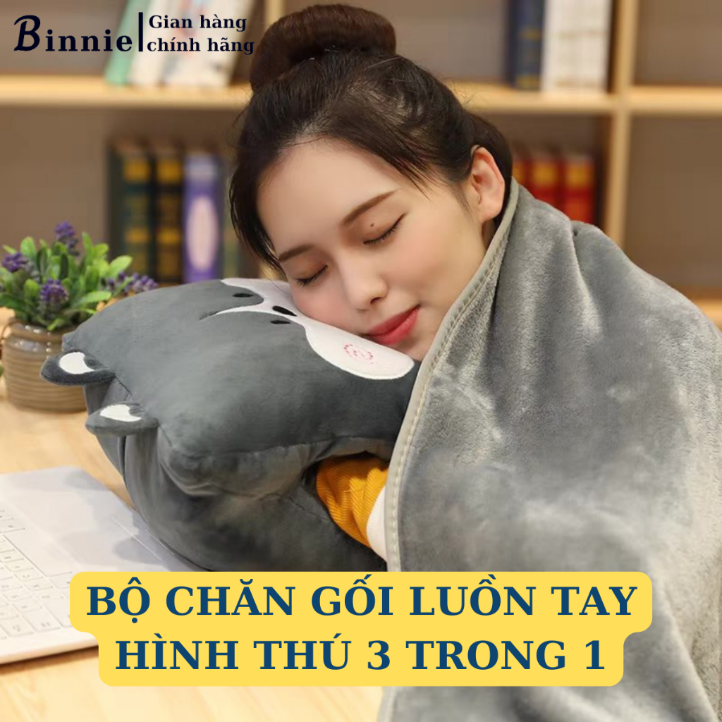 Bộ chăn gối văn phòng 3 trong 1 BINNIECUTE hoạ tiết hình thú - kích thước 100x170cm