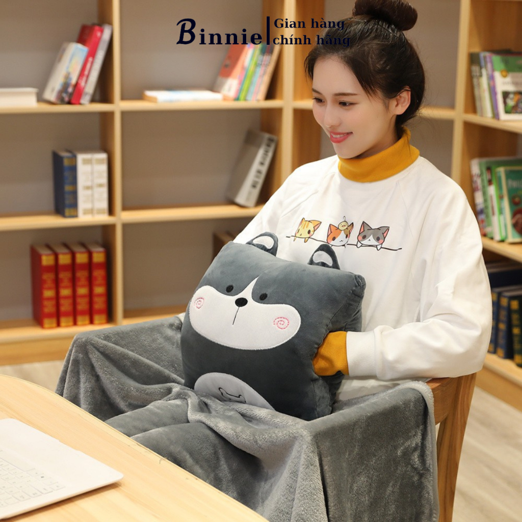 Bộ chăn gối văn phòng 3 trong 1 BINNIECUTE hoạ tiết hình thú - kích thước 100x170cm
