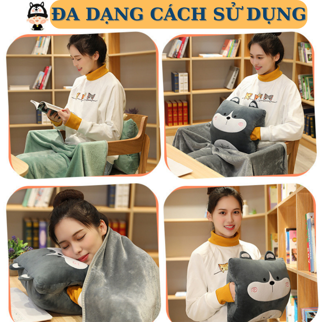Bộ chăn gối văn phòng 3 trong 1 BINNIECUTE hoạ tiết hình thú - kích thước 100x170cm