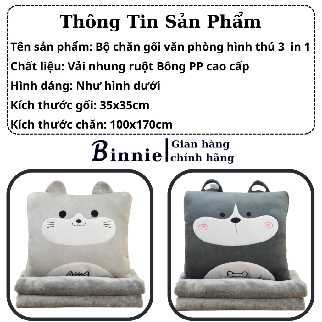 Bộ chăn gối văn phòng 3 trong 1 BINNIECUTE hoạ tiết hình thú - kích thước 100x170cm