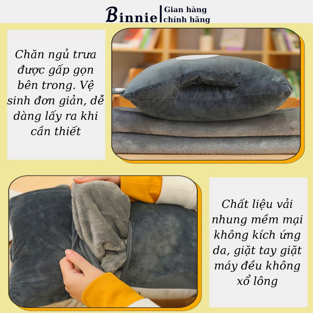 Bộ chăn gối văn phòng 3 trong 1 BINNIECUTE hoạ tiết hình thú - kích thước 100x170cm