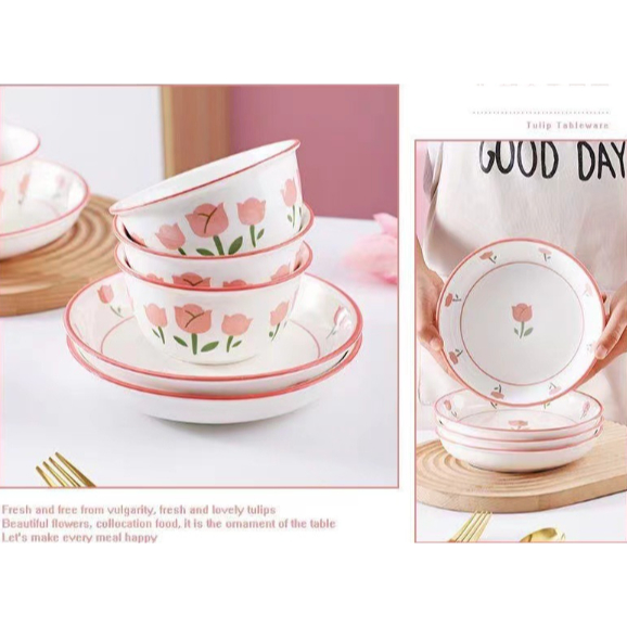 Bát đĩa hoa tulip hồng BDIAR2 cute dễ thương đựng thức ăn chụp ảnh Decor Ăn Cơm Ăn Chè Bộ Chén Dĩa