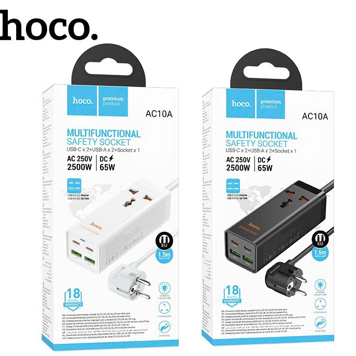 🌟CHÍNH HÃNG 🌟Ổ Cắm điện đa năng Bộ sạc HOCO AC10A 65W 5 cổng USB PD 2USB-A+2USB-C+1AC Phích cắm EU với cáp dài 1,5M 250W