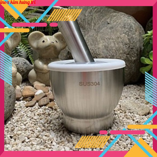 Bộ cối chày inox 304 có nắp đậy đúc nguyên khối, chày cối đâm tiêu bằng inox