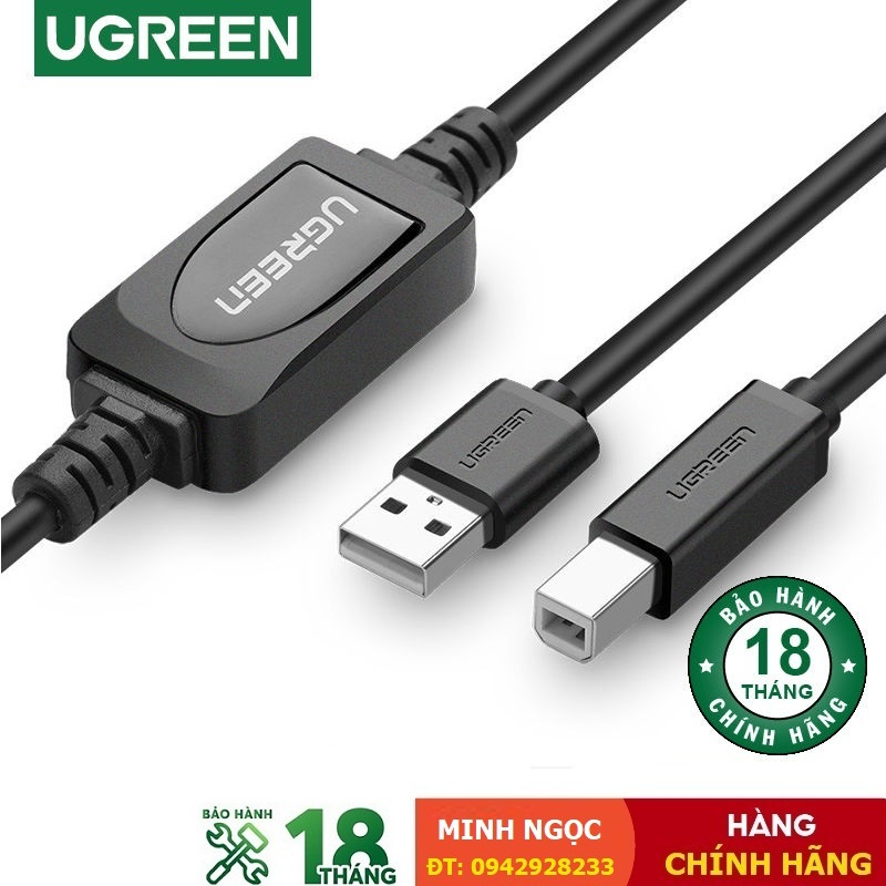 Dây cáp máy in USB 2.0 dài 15m có IC khuếch đại Ugreen 10362 - Hàng Chính Hãng