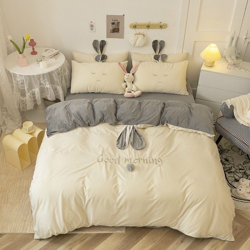 Bộ chăn ga gối nỉ nhung tai thỏ siêu xinh.ga gối nỉ nhung mềm mịn sẵn