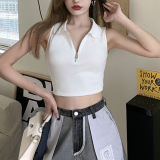 Croptop Len Cổ Khóa Áo Sát Nách Sexy Sang Chảnh Áo Len Dáng Ngắn 3 Màu Trắng Đen Hồng Áo Len Cổ Polo LIZ-A335.1