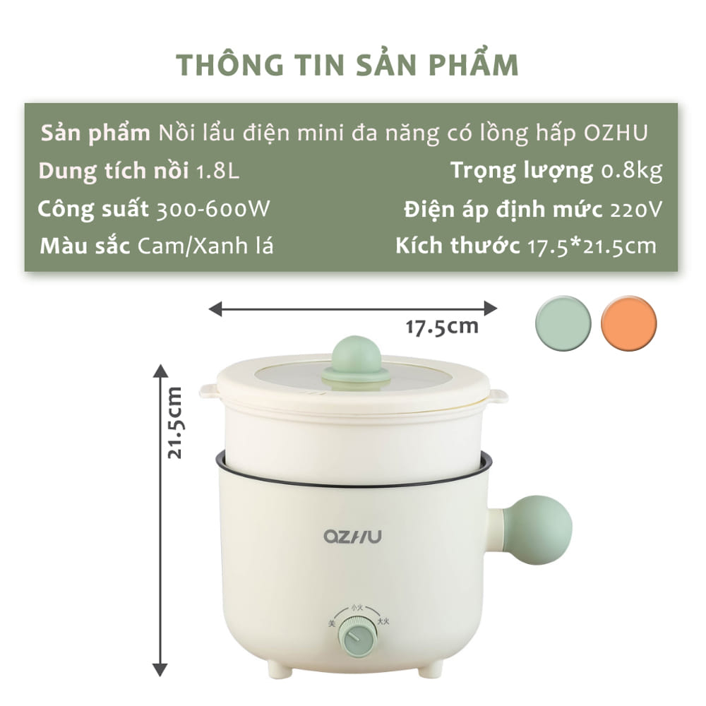 Nồi Lẩu Điện Đa Năng AZHU 2 Nấc Nhiệt Kèm Giá Hấp 18cm Dung Tích 1,8L Tiện Dụng , Nồi Lẩu Hấp Mini 2 Tầng - Melli