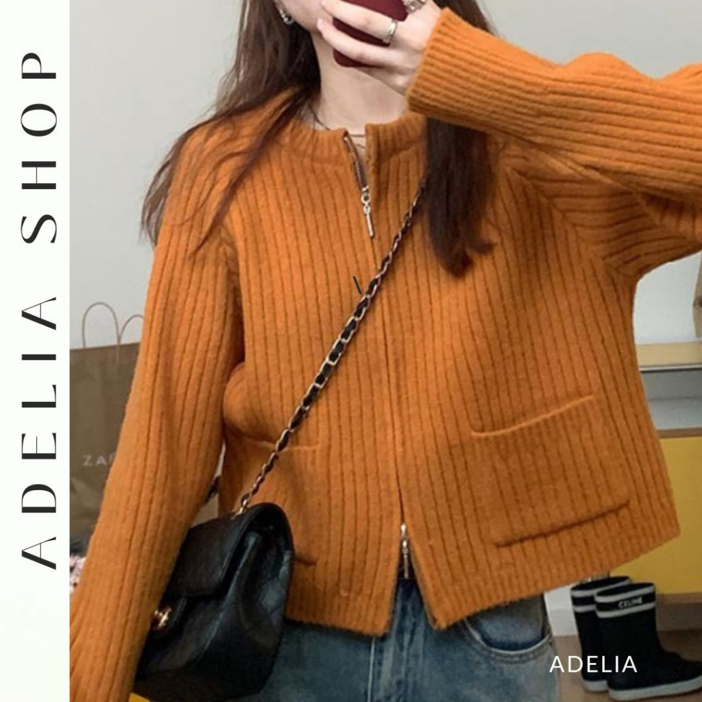 「ADELIA」Áo Khoác Len Cardigan Basic Khóa Kéo 2 Dây Dài Tat Cổ Tròn Chất Len Đan Mềm Mịn TD54