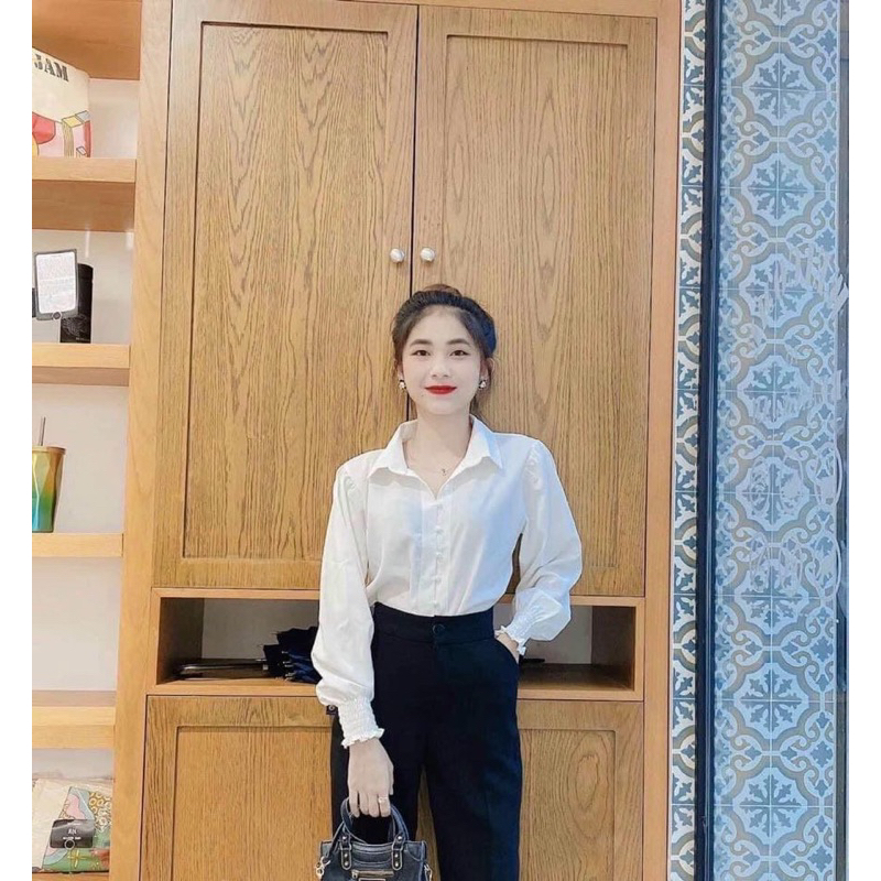 Áo sơ mi cúc ngọc tay bo cổ đứng