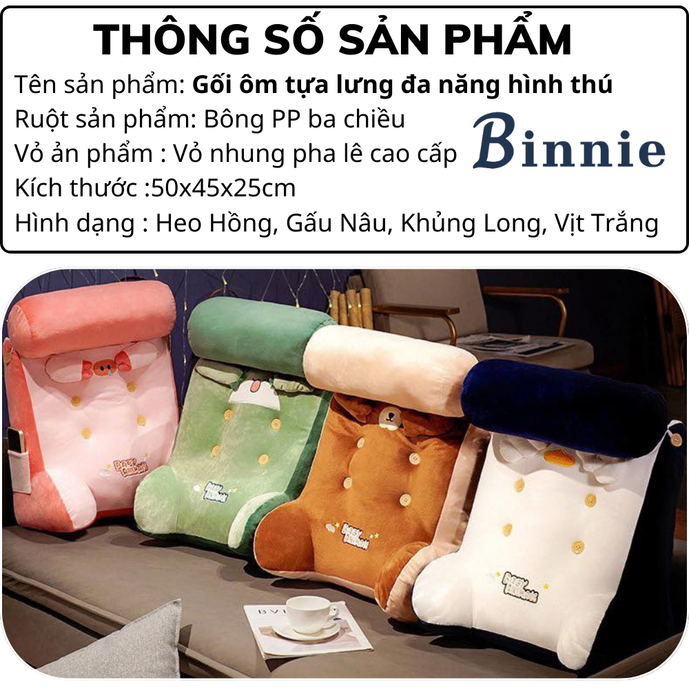 Gối tựa lưng ghế, tựa đầu giường hình thú BINNIECUTE dễ thương - Kích thước 50x45x20cm