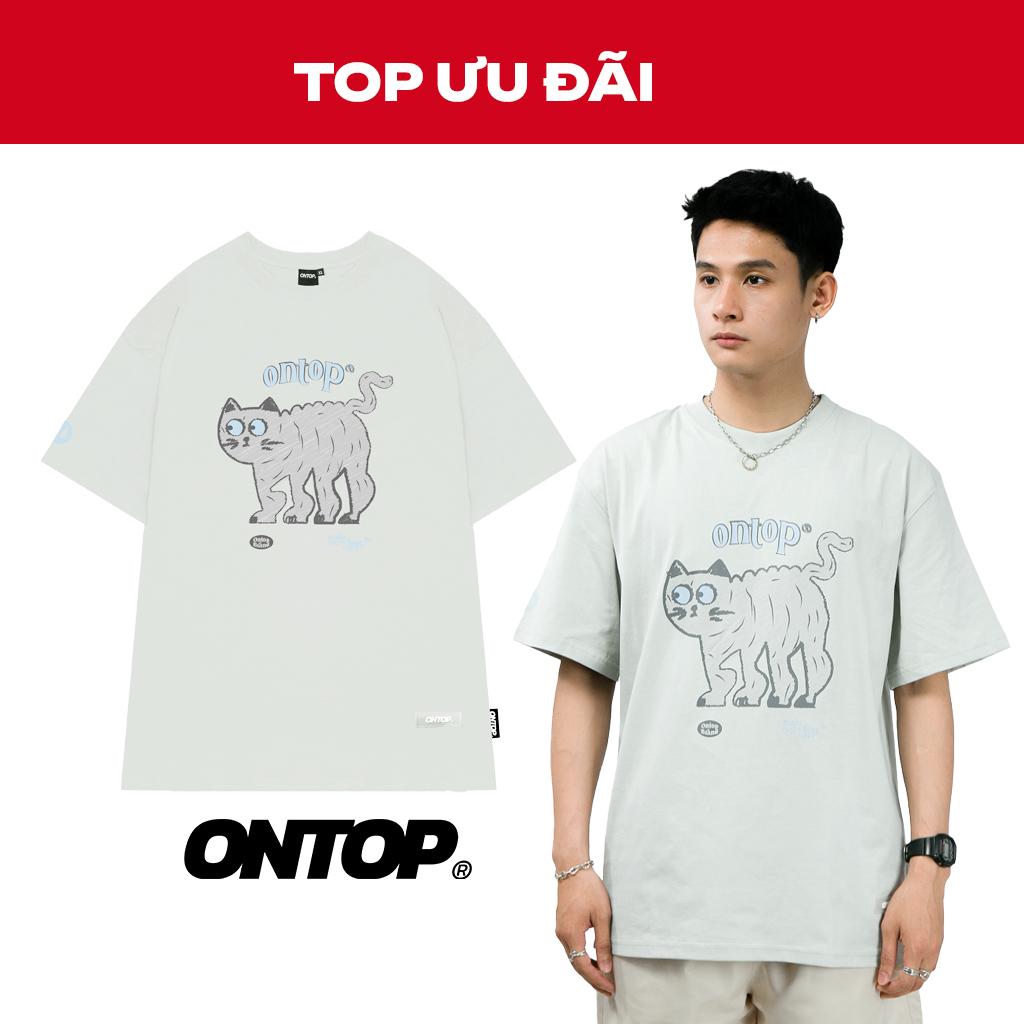 Áo phông local brand chính hãng ONTOP nam nữ form rộng hình in mèo màu xám Doodle Cat | O19-T7