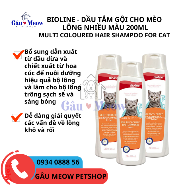 Bioline Shampoo for Multicolor Cats Sữa dầu tắm gội cho mèo lông vện nhiều màu 200ml làm sạch bóng dưỡng mượt lông