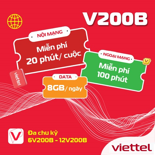 [FREE 1 NĂM] Sim 4G Viettel 12V200B 8GB/Ngày (240GB/Tháng) + 100P Ngoại Mạng + Nội Mạng Trọn Gói 12 Tháng Không Nạp Tiền