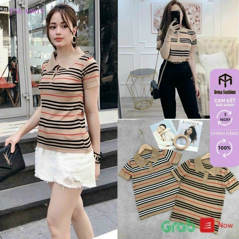 Áo len kẻ ngang cổ bẻ hành quảng châu A201