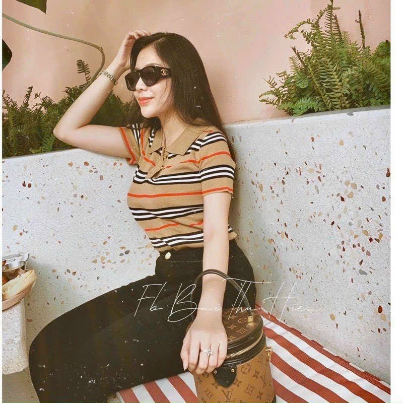 Áo len kẻ ngang cổ bẻ hành quảng châu A201