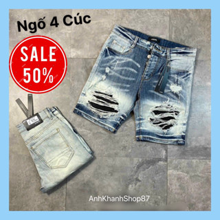 Quần short bò nam Amiri xanh bạc 4 cúc rách xước tua 2 bên vá da nhăn gân đen vá sát viền chữ QS34P