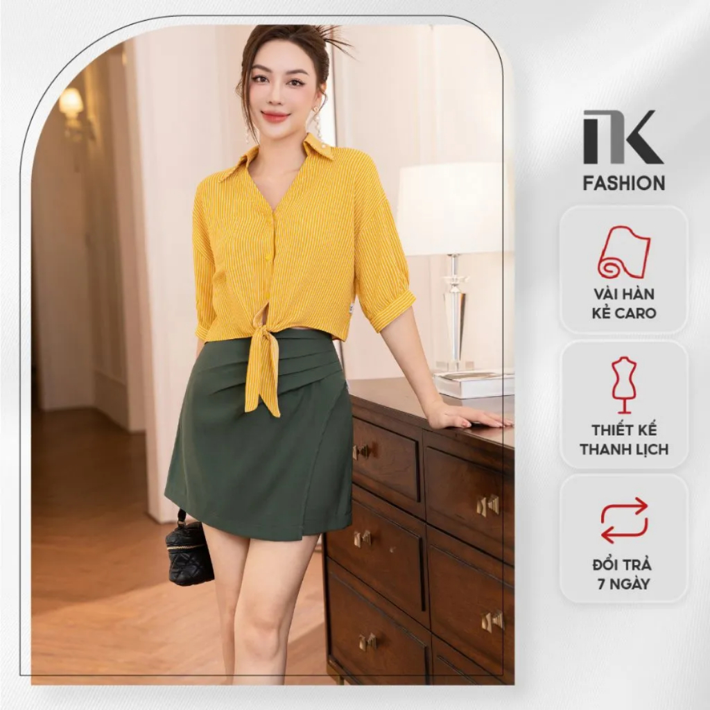 Áo Sơ Mi Kẻ Cổ Đức V buộc gấu NK Fashion Kiểu Dáng Trẻ Trung, Màu Sắc Trendy, Chất Liệu Vải Nhập Cao Cấp NKSM2305013