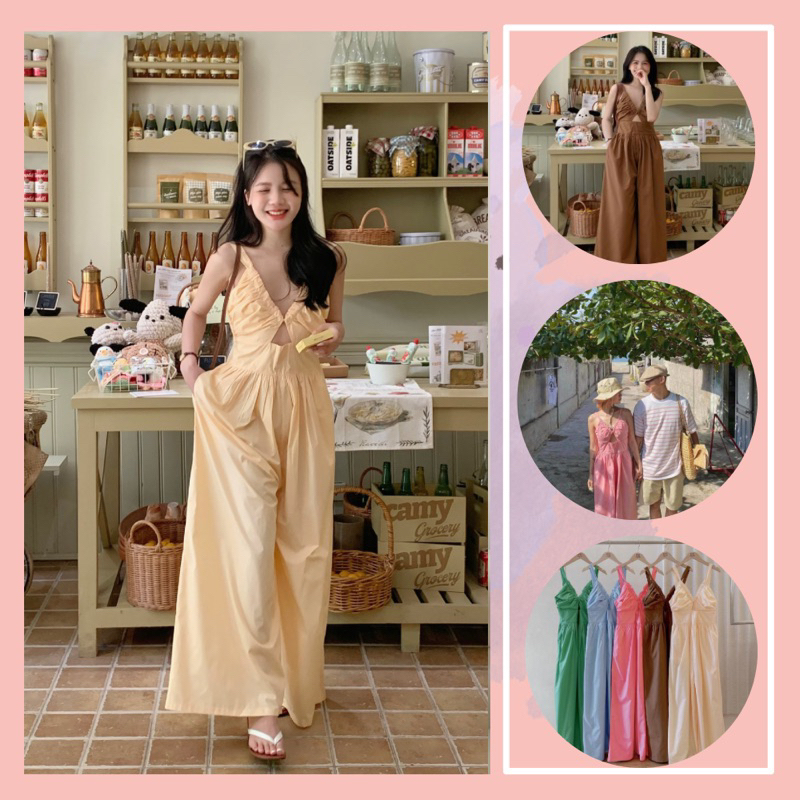 (Ảnh Thật) Jumpsuit Thô Rút Ngực Ống Rộng Hèo Chinh Chắn