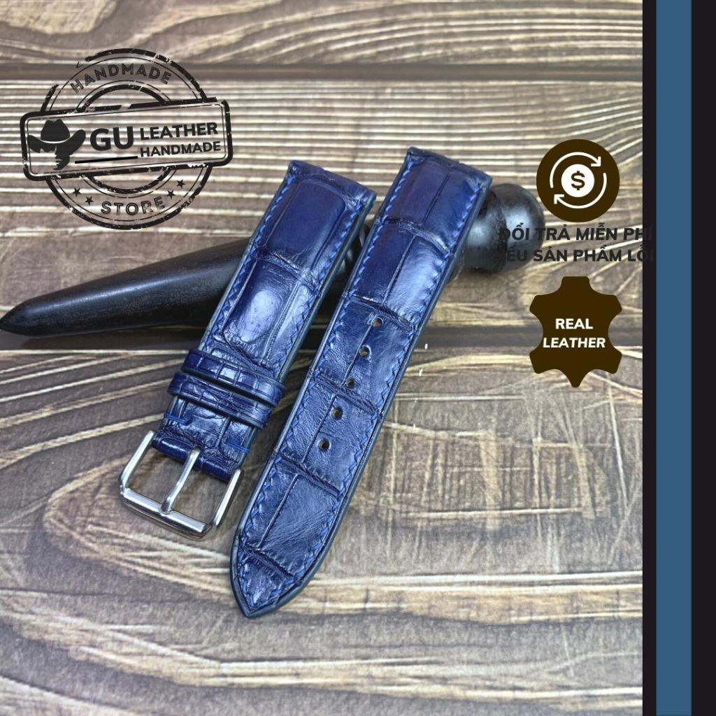 Dây đồng hồ handmade chất liệu da cá sấu xanh navy size dây 16/ 18/ 19/ 20/ 21/ 22/ 24mm - GU Leather