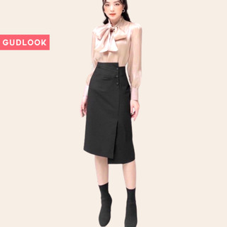 Chân Váy Lửng Trơn GUDLOOK Phối Cúc Công Sở Form Tôn Dáng