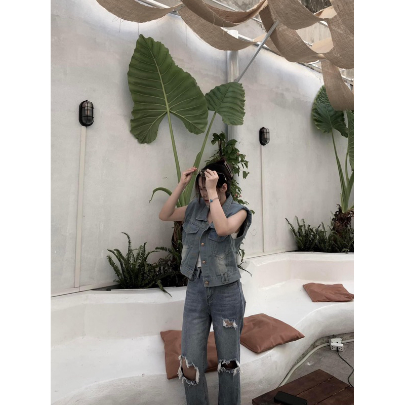 Áo ghile jeans độn vai
