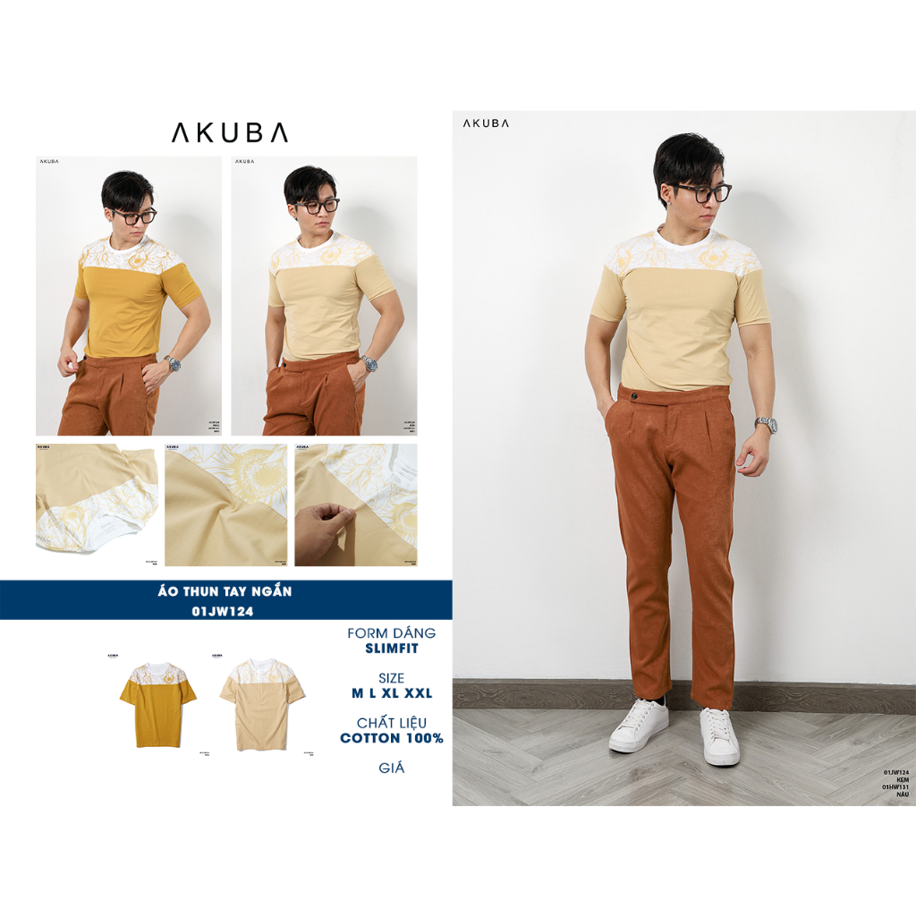 Áo thun tay ngắn họa tiết nam AKUBA form slimfit, chất liệu cotton, bề mặt mịn mát, thấm hút mồ hôi tốt 01jw124