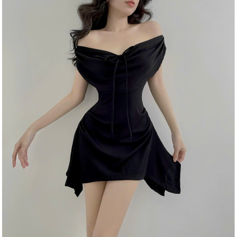 Đầm Gân Kiểu Trễ Vai Cổ Đổ Xc Sang Chảnh D234