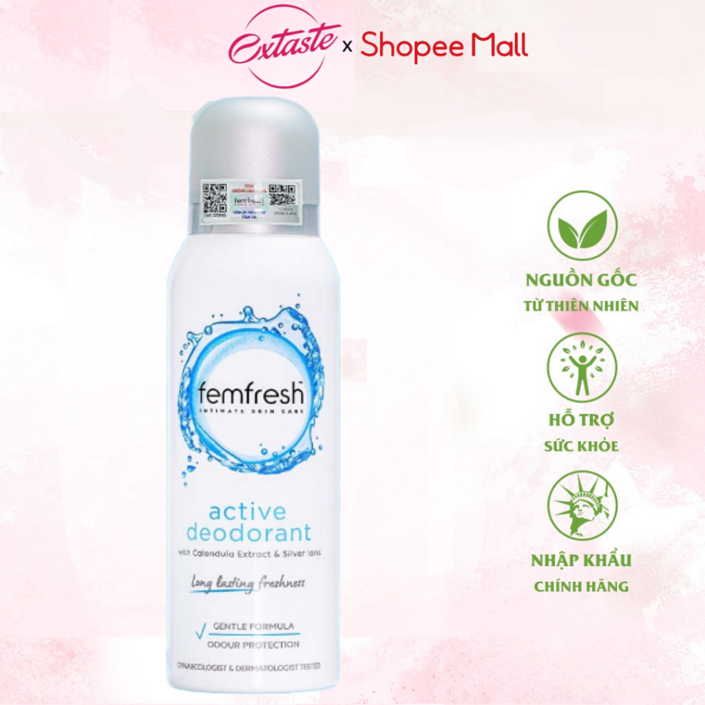 Xịt Thơm Mát, Khử Mùi Vùng Kín Chưa Ion Bạc Lưu Hương Suốt 12h Femfresh Deodorant Spray 125ml Healthy Care Extaste