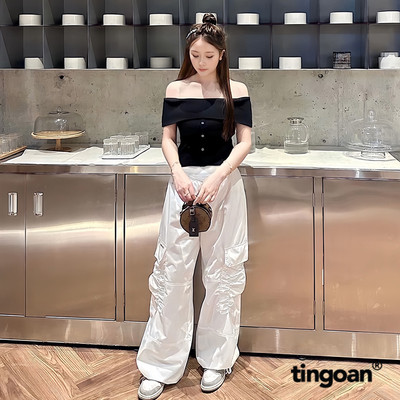 TINGOAN® - Quần dài cạp thường nhún túi có logo TINGOAN® rút dây gấu trắng NIKKI PANTS/WH PHIÊN BẢN T6.2026