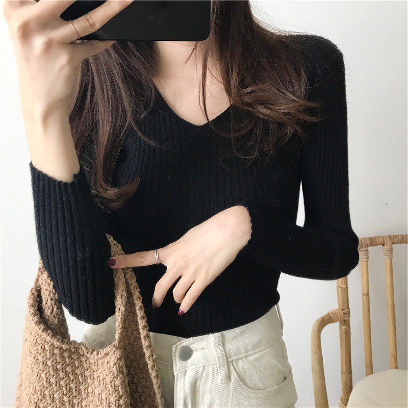 Áo len tăm quảng châu cổ tim dài tay hàng co giãn đẹp Maia 857 P6K12