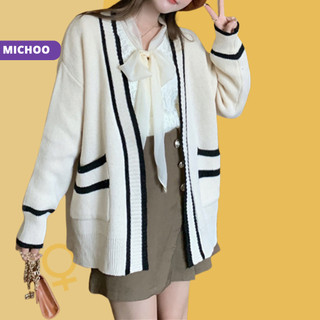 Áo Len Cardigan MICHOO có túi sọc trắng đen form rộng dài tay