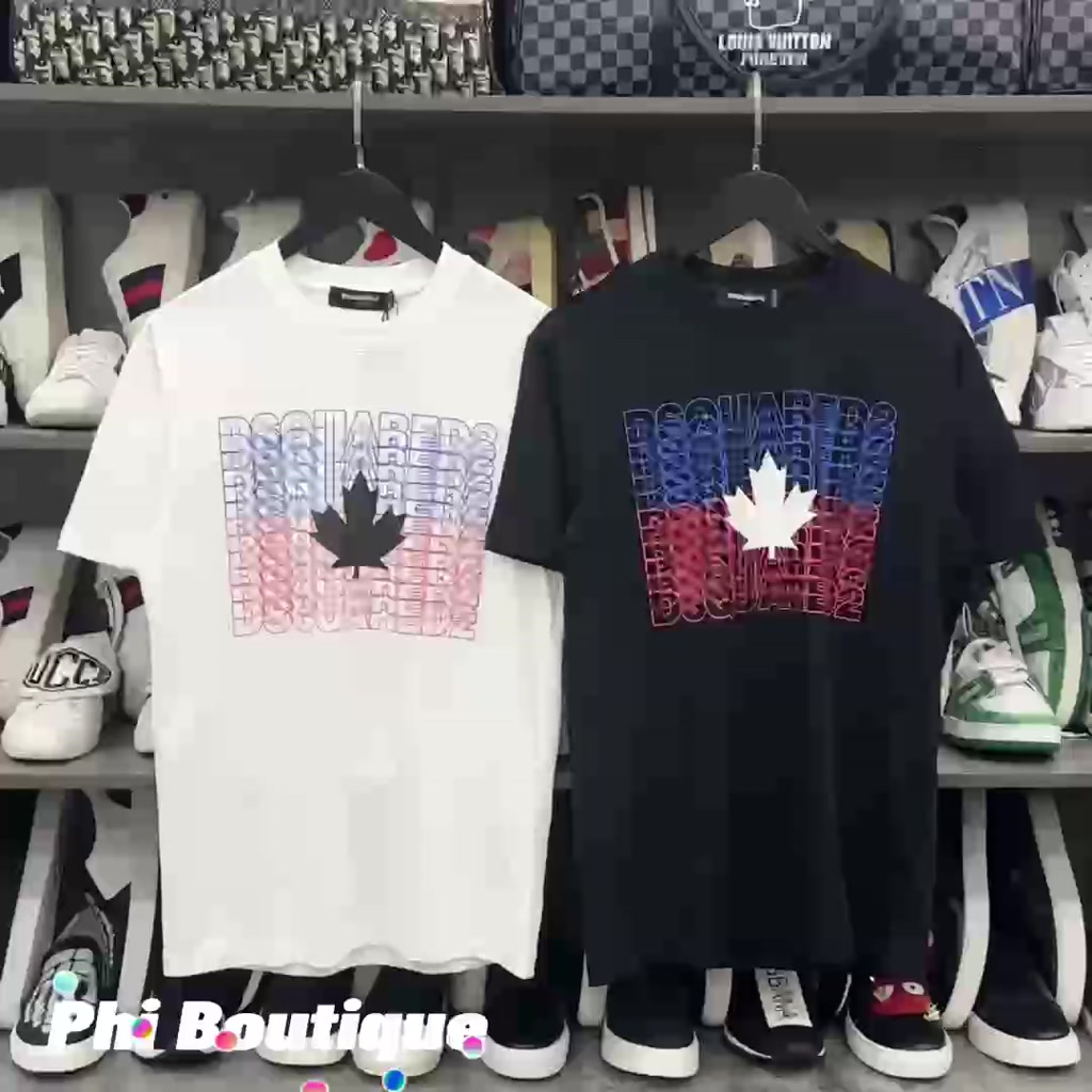 Áo Cộc Tay Nam Nữ In Chữ DSQ2 Nháy Xanh Đỏ Hình Lá Phong Đen Trắng Phong Cách Cháy Phố 2023